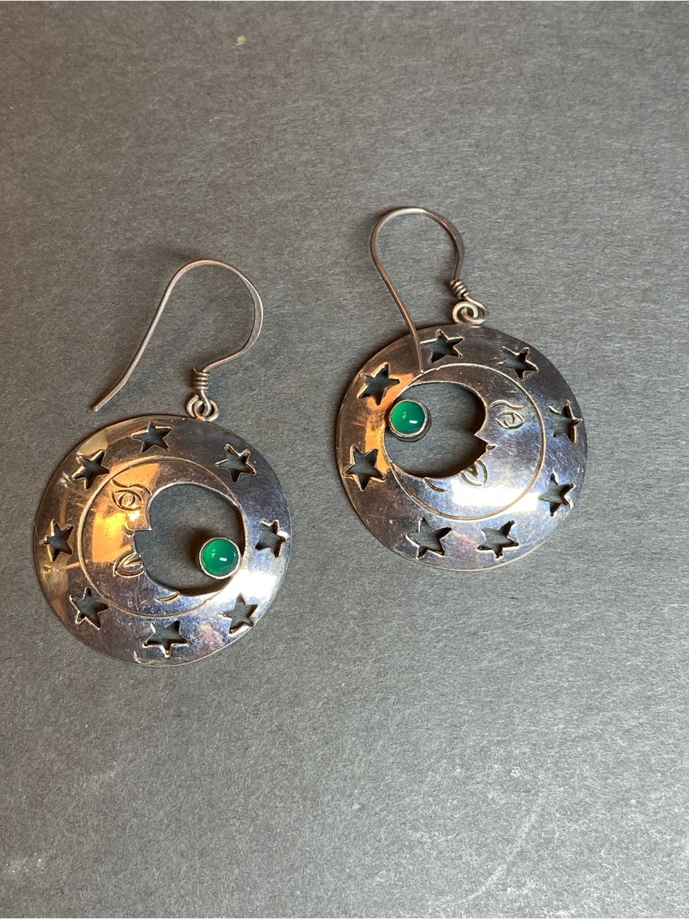 Vintage sterling silver moon green gemstone boho earrings